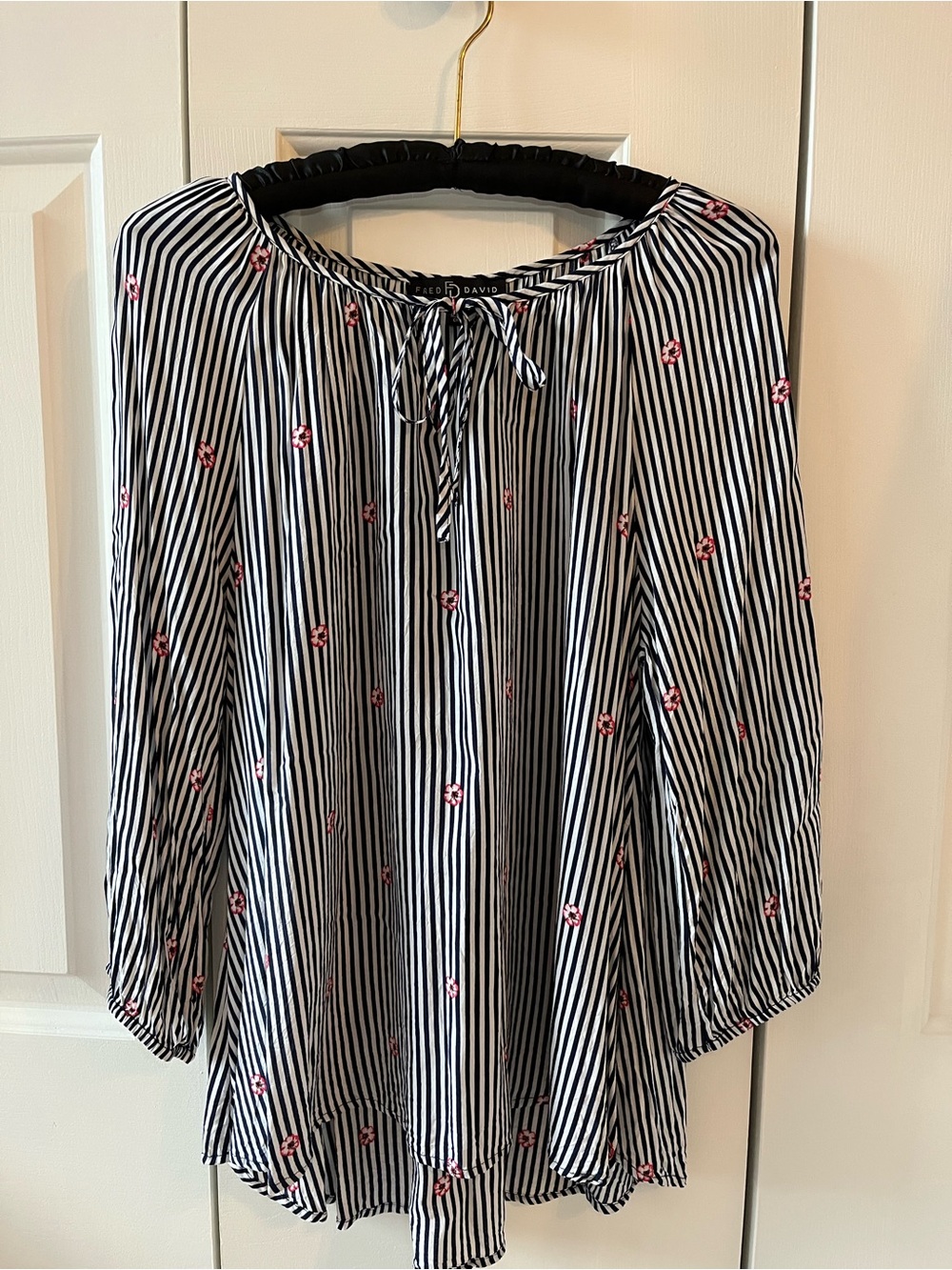 Fred David Black and White Striped Rayon Blouse with Pink Floral Dots